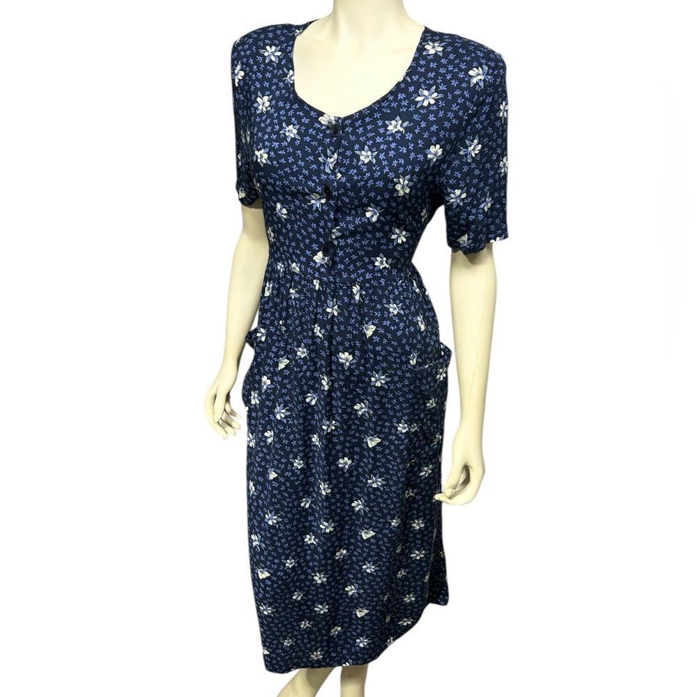 Ship’NShore 50’s 60’s Vintage Floral Maxi Dress Navy Flowers Prairie Cottagecore